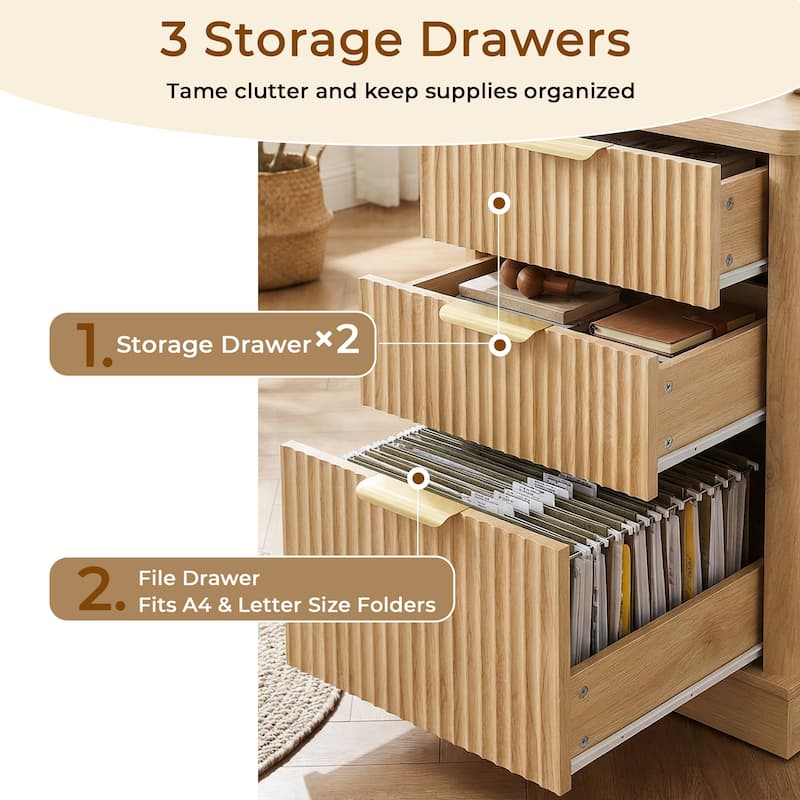 Roomfitters 59" Modern Fluted L-Shaped Desk with Charging Station, Monitor Stand & File Drawer