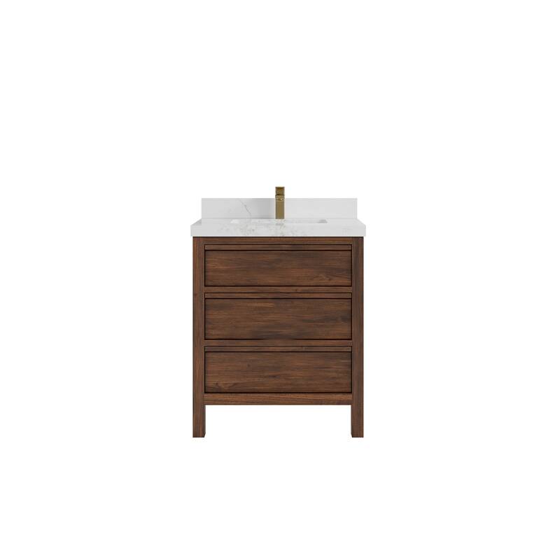 Willow Collections 30 in. W x 22 in. D Elizabeth Solid Teak Wodd Single Sink Bathroom Vanity with Countertop - 2" Calacatta Nuvo - Dark Walnut