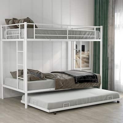 Twin over Twin Metal Bunk Bed with 1 Trundle & 2 Ladders & Guardrails, White