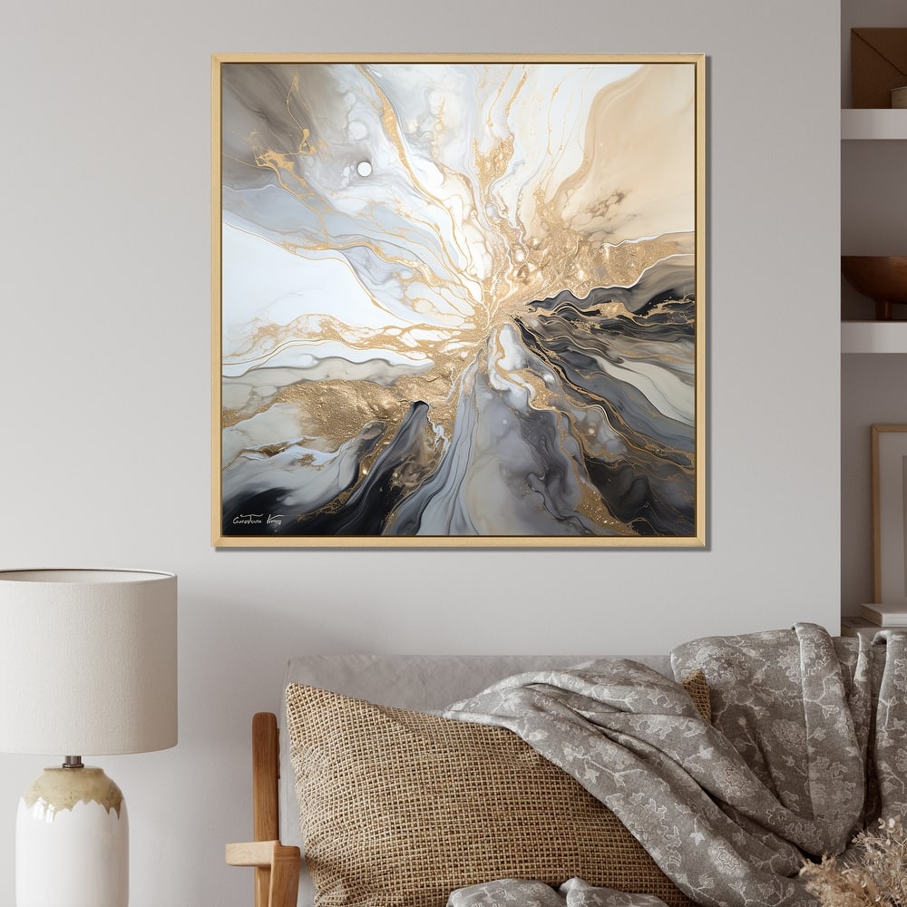 Designart "Lightning Beige And Black Liquid Art Explosion" Lightning Framed Wall Art Prints