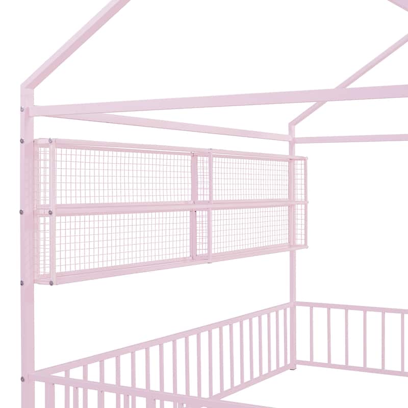 Full Metal House Bed Frame with Shelves and Fence, Unique Design for Kids