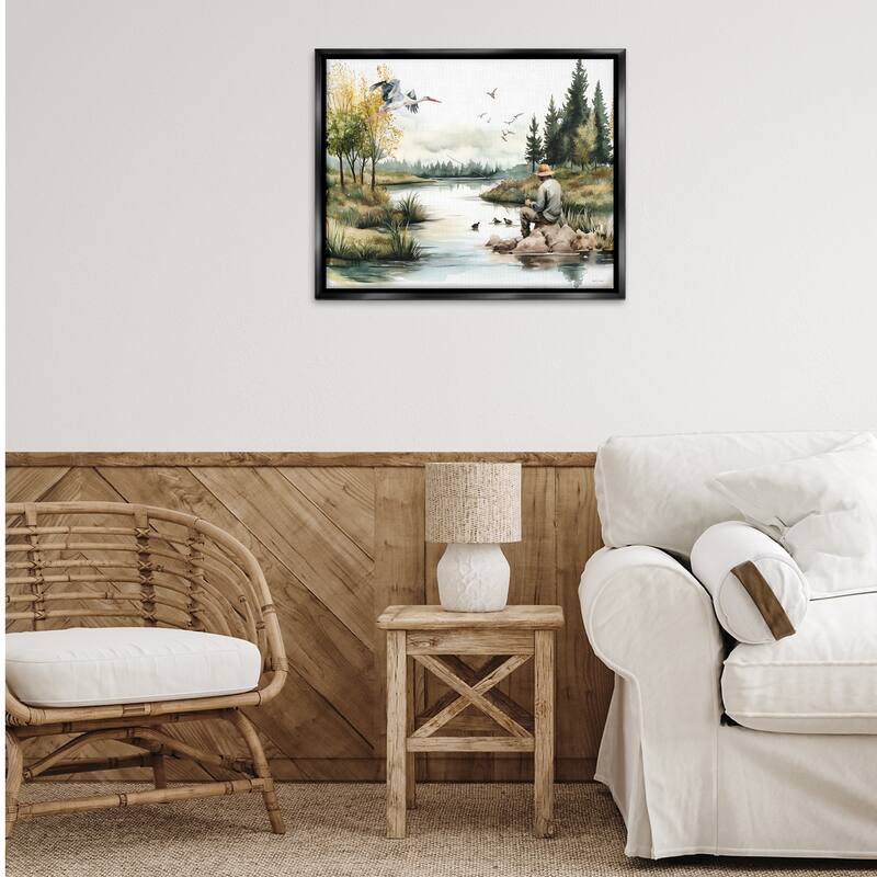 Stupell Fishing by River Landscape Framed Floater Canvas Wall Art Design By Nicole DeCamp