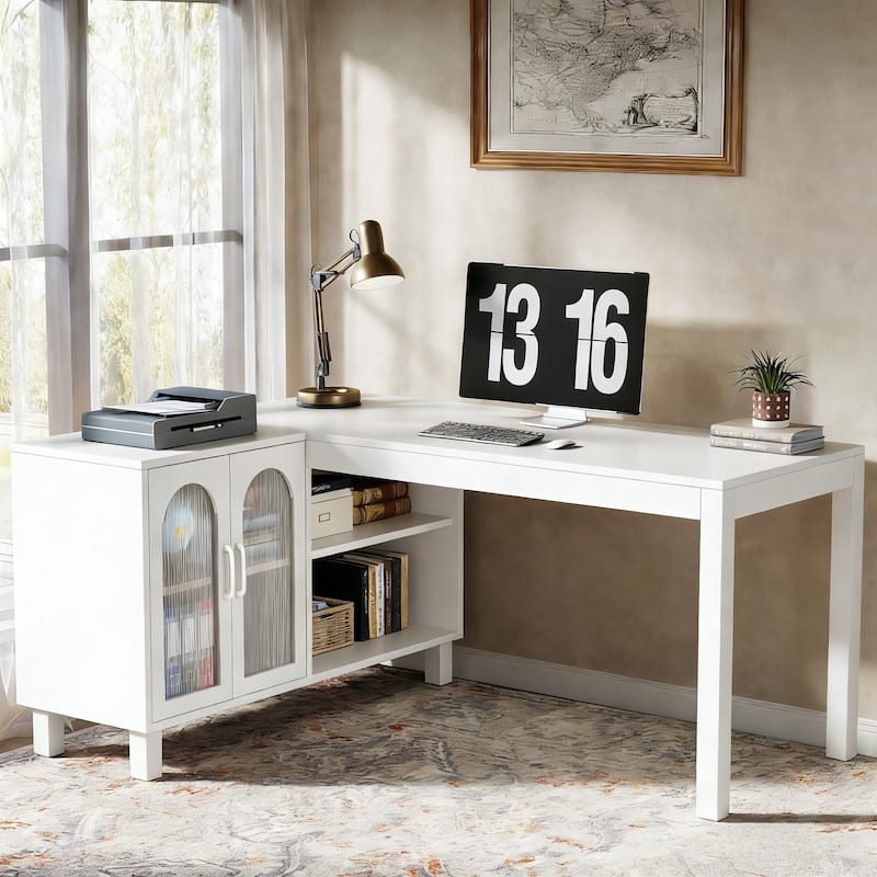 L Shaped Desk with Storage Cabinet, 59'' Corner Computer Desk Office Desk