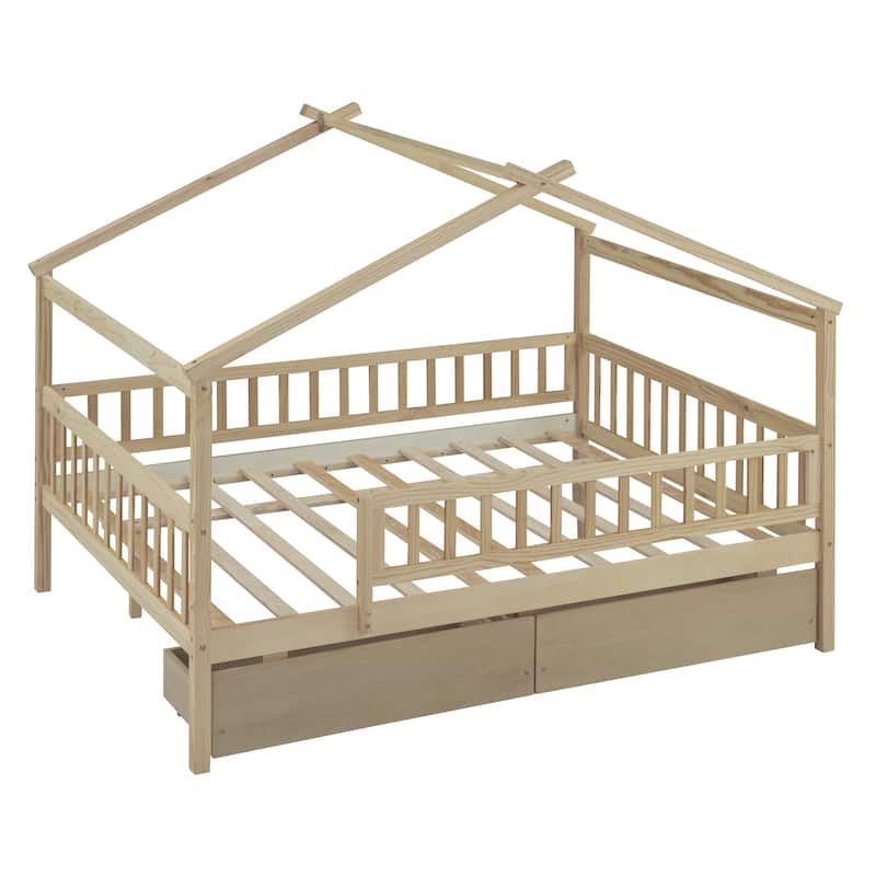 Wooden House Bed with Two Drawers