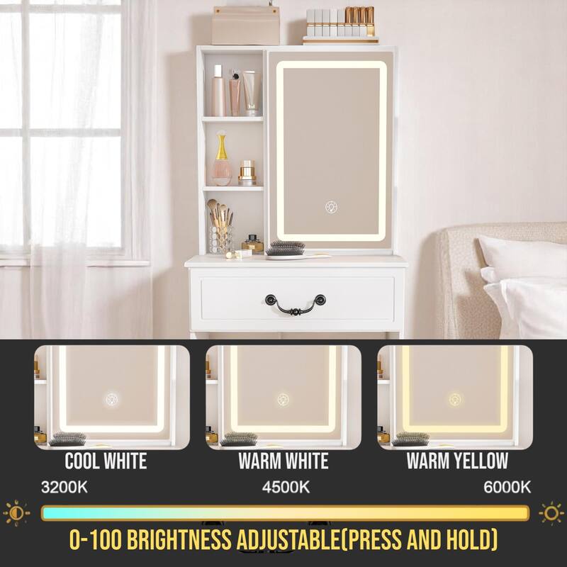 KISRAIS 23.63" Small Size Vanity Desk with Brightness Adjust LED Mirror and Cushioned Stool