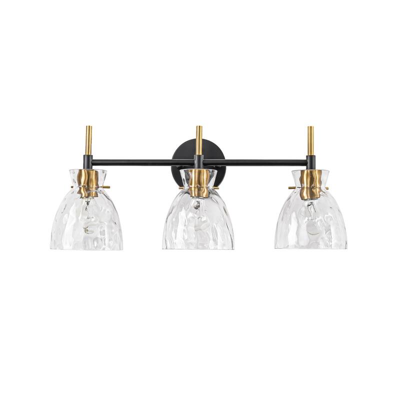 1-Light/3-Light Matte Black and Antique Brass Bathroom Vanity Light with Water-Rippled Glass Shade