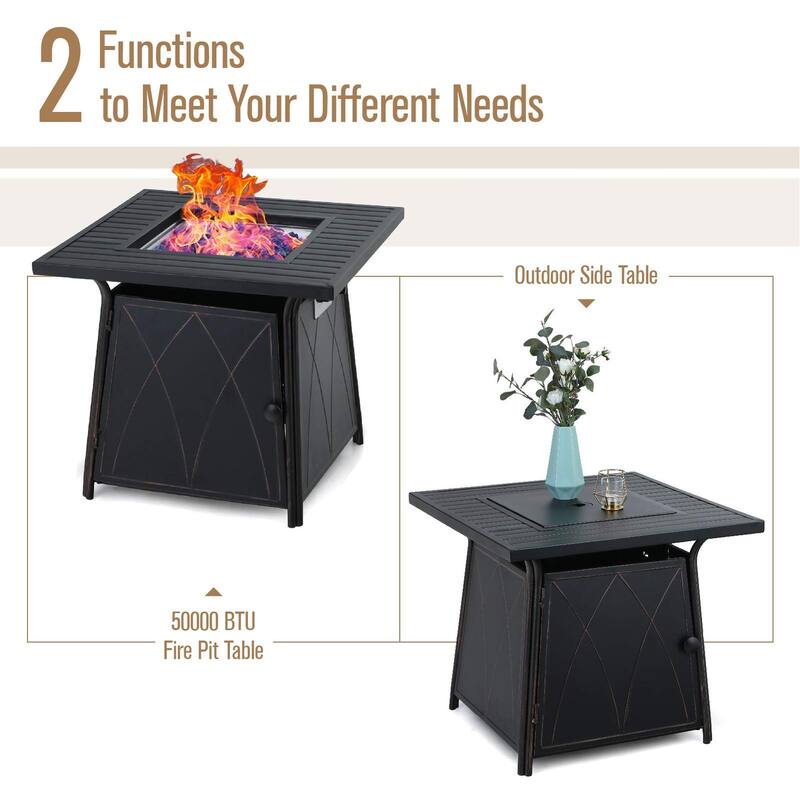 MAISON ARTS 5 Piece Outdoor Patio Dining Fire Pit Set, 4 Textilene Swivel Chairs and 28 inch Steel Striped Square Fire Table