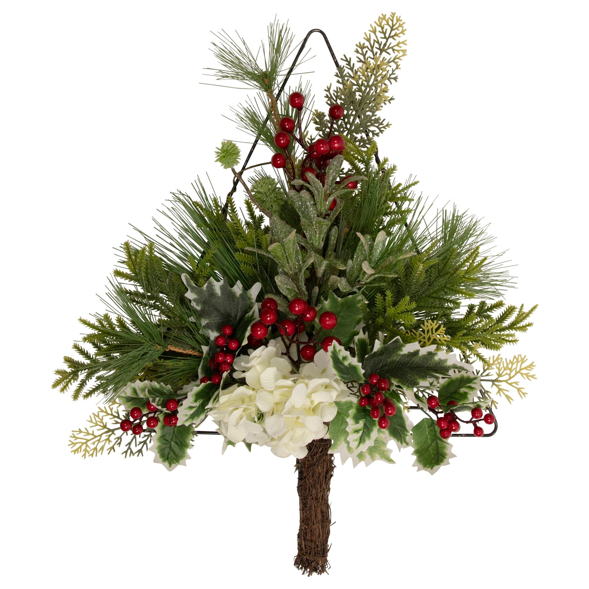 24" Pine Christmas Tree Wall Hanging Decoration with Berries and Holly