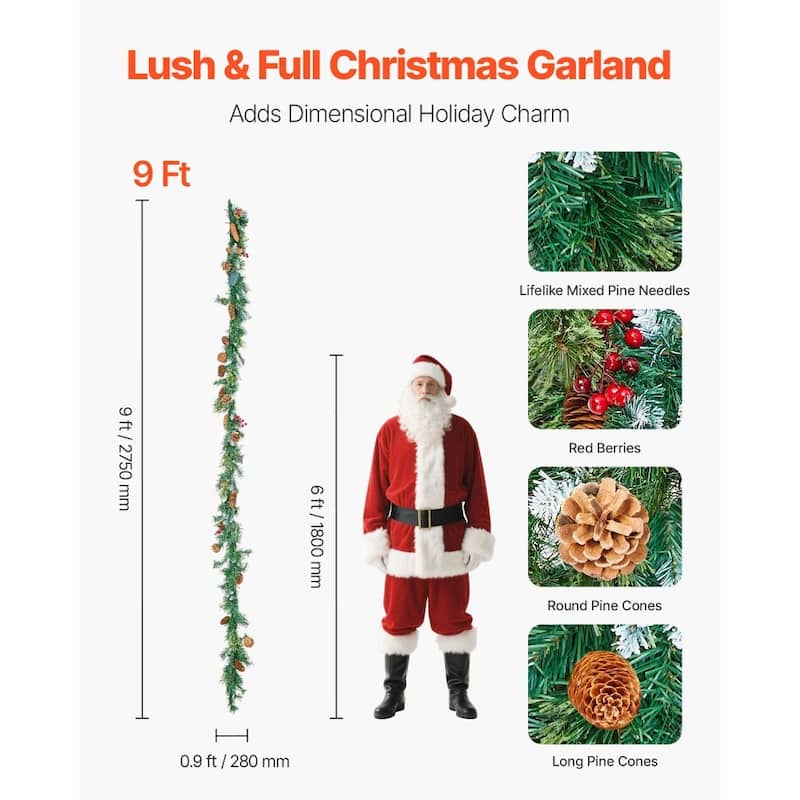 Holiday Greenery Garland 9ft Long with Warm White LED Lights and Lifelike Pinecones - 108.27” x 11.02” x 5.91”