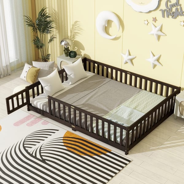 slide 2 of 9, Grey Queen Size Wooden Floor Bed with Fence, Door, Rubber Safety Guardrails Espresso