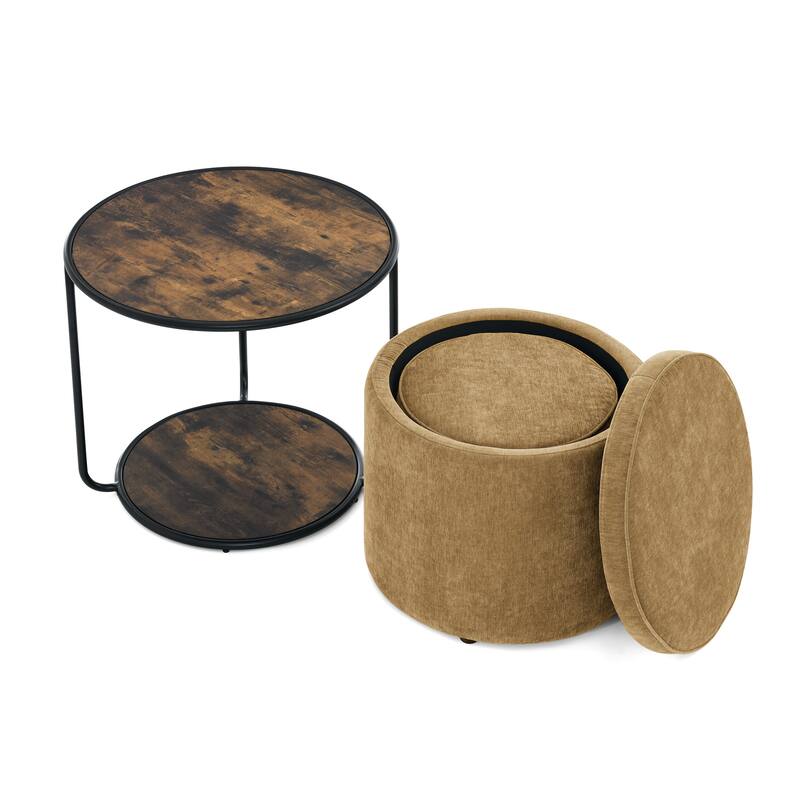 Roomfitters Ottoman Table Set with Drum Stool and Hidden Storage, Multi-Functional Combination Accent Furniture