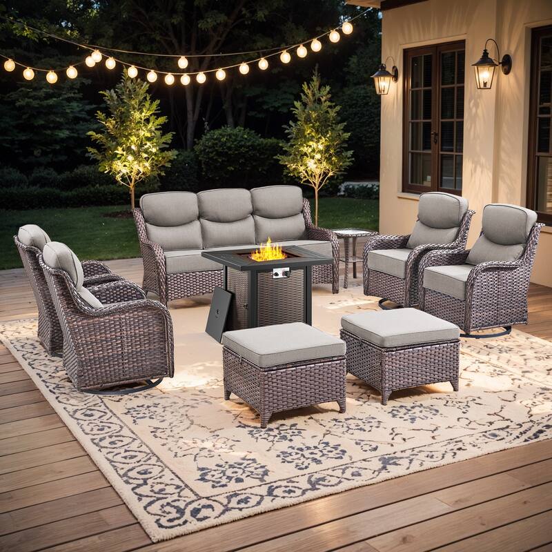 Pocassy 30 Inch Fire Pit Table with Sofa Swivel Chair Set - Gray Cushion Brown Wicker - 9-Piece Sofa Siwvel Chair Ottoman w/ Fire Table