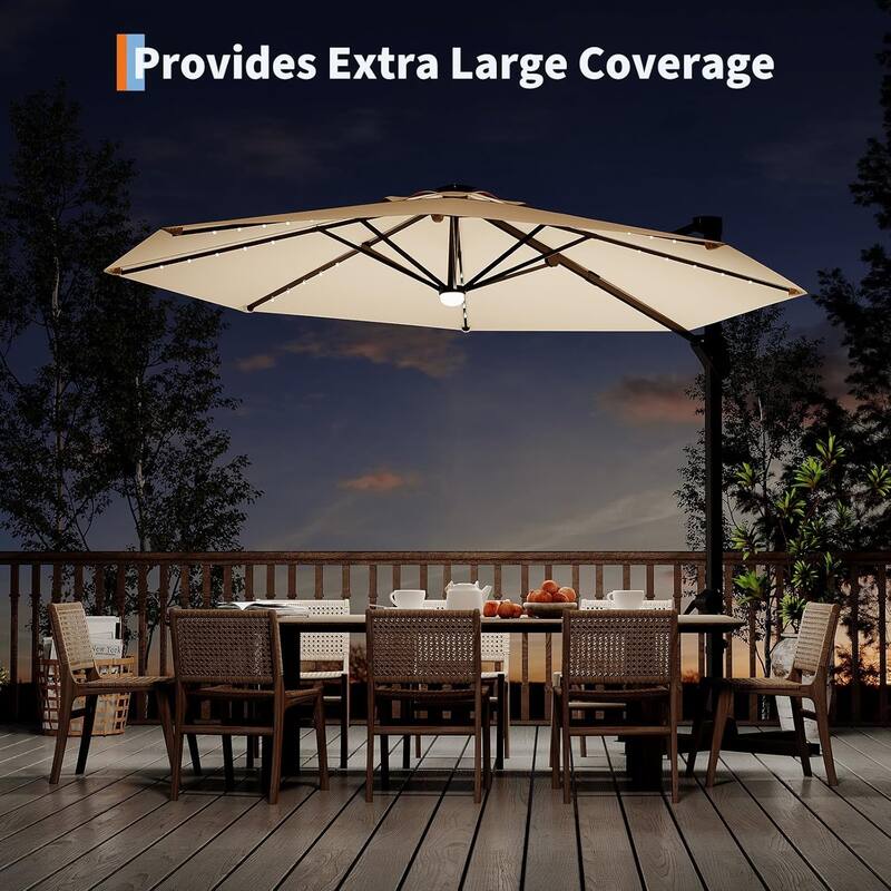 10FT Cantilever Patio Umbrella with Solar Lights, 360° Rotation Offset Umbrella