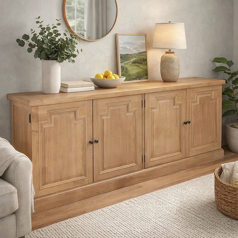 Raised Paneled Wooden Server with Two Double Door Cabinets, Brown