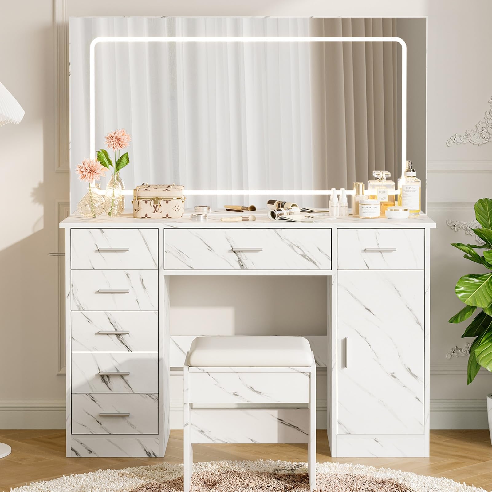 Vanity Desk with Mirror & Lights, Makeup Table with 7 Drawers, Charging Station, Hair Dryer Holder & Stool