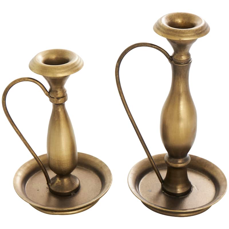 Metal Antique Style Candle Holder with Candle Plates and Handles - Set of 2 Bronze - Roche River Decor - 5"W x 5"L x 10"H