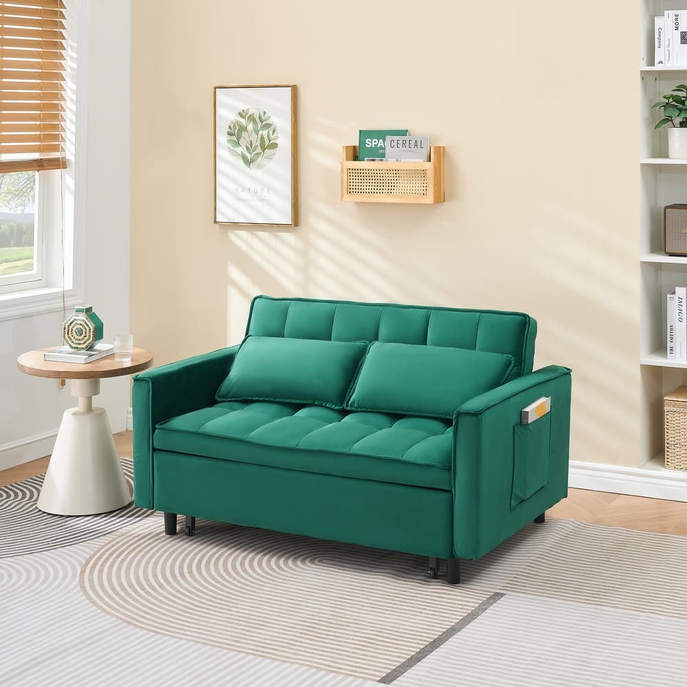 Modern Reclining Sofa Velvet Loveseat Sofa Futon Couch with Pull Out Sleeper Sofa Bed with Adjustable Backrest and Side Pockets