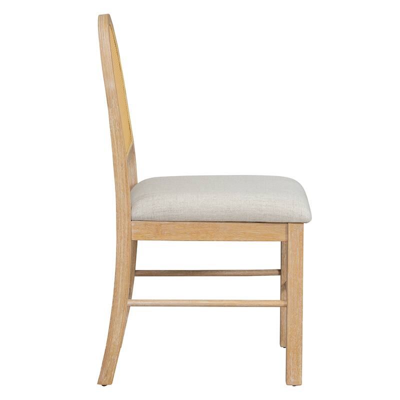 7-Piece Farmhouse Dining Table Set with Distressed Oak Veneer and Upholstered Rattan Chairs for Gatherings