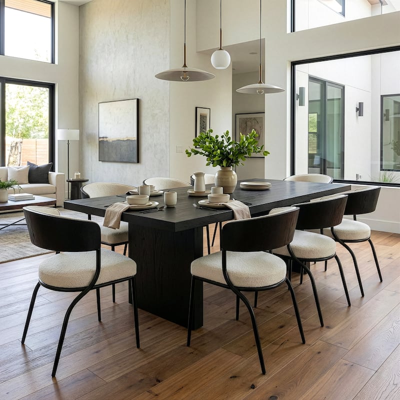 Set of 2 Bayle White Boucle Fabric Dining Chair and Black Iron Legs