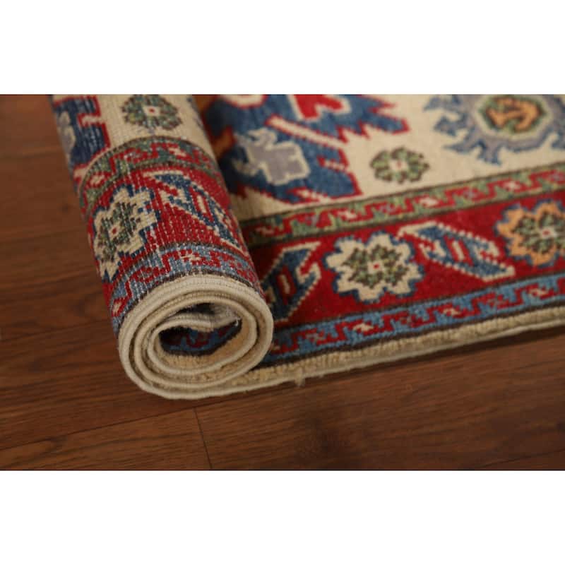 Geometric Kazak Foyer Rug Handmade Beige Wool Carpet - 2'8"x 4'1"