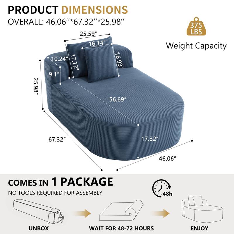 67.5''Chaise Lounge Chair 46'' Wide Seat Indoor Corduroy Oversized Sleeper Sofa