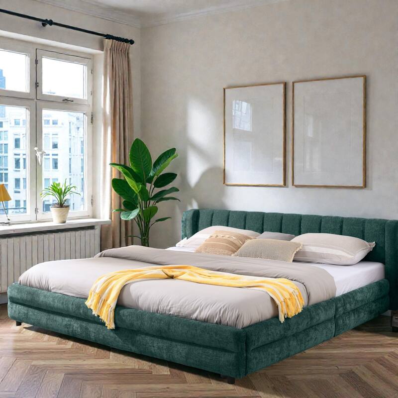 King Upholstered Bed Frame with Chenille Fabric, Soft Headboard and Underbed Storage Drawer, Modern Platform Design