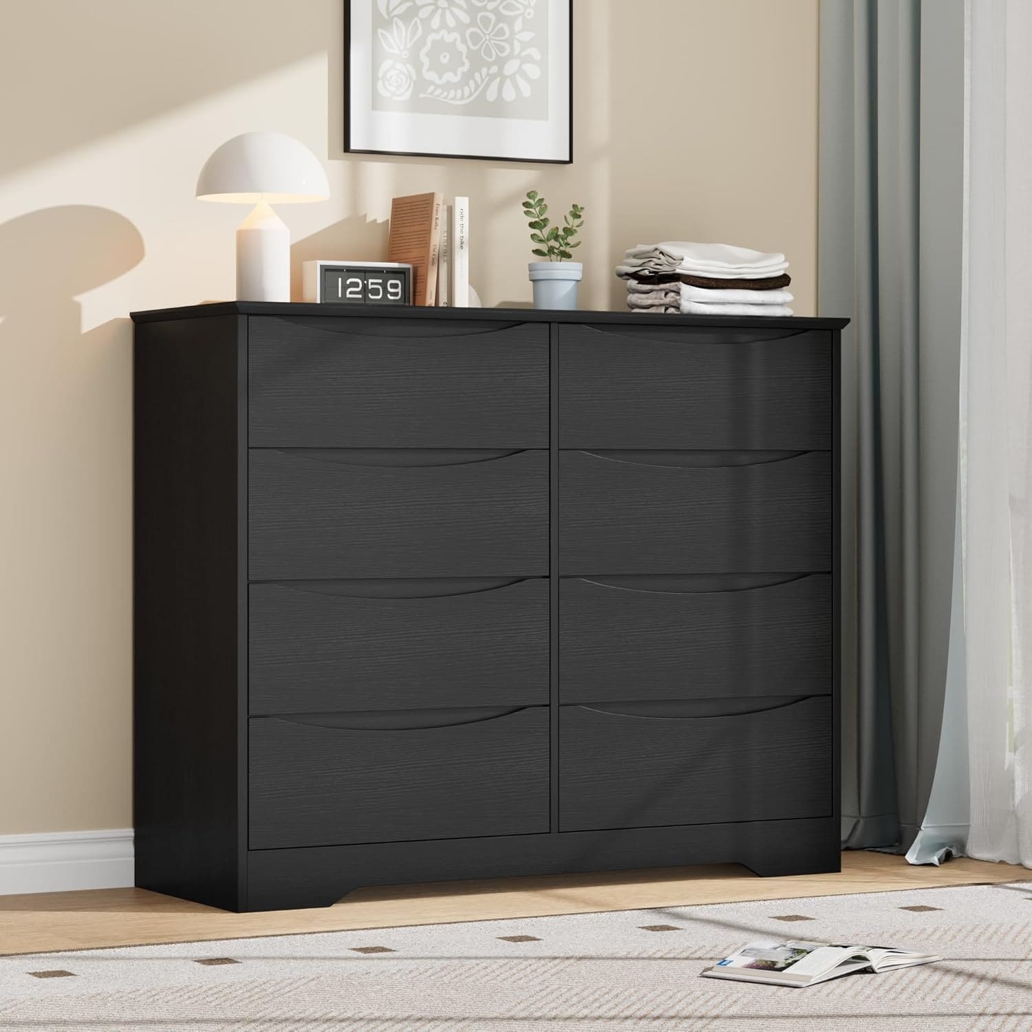 8 Drawer Wooden Dresser for Bedroom, Large Storage Chest with Wide Top, Black