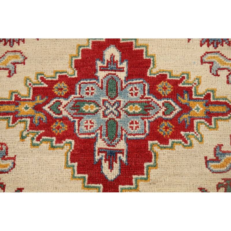 Ivory Geometric Kazak Oriental Accent Rug Handmade Wool Carpet - 3'7" x 5'2"