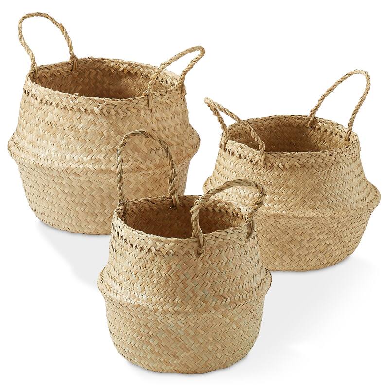 Seagrass Belly Basket Planters Woven Storage Bin Plant Pot Covers - 3pk - Sm, Md, Lg