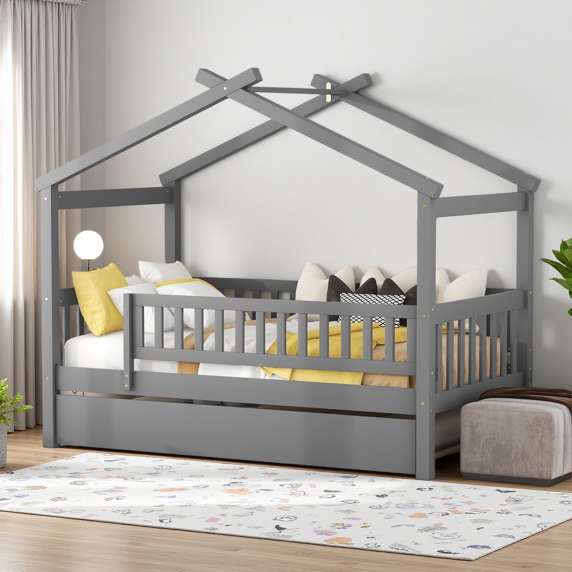 Wooden House Trundle Bed with Twin Trundle and Modern Style