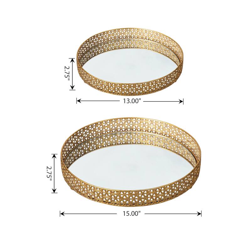 Glitzhome Set of 2 Round Metal Gold Mirrored Decorative Trays -13"/15"L
