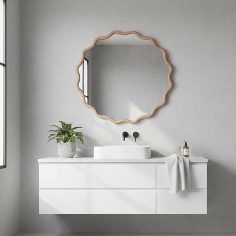 24 inch Wavy Round Solid Wood Frame Decorative Mirror,For Bedroom, Bathroom, Living Room, Entryway