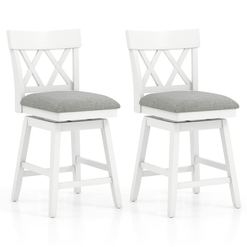 Gymax 26'' Bar Stool Wooden Chair Set of 2 w/Contoured Backrest Swivel - White & Grey