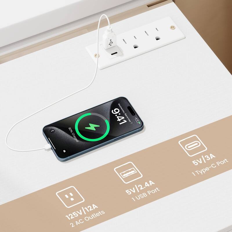 Costway 1/2 PCS Nightstand with Charging Station, 3 Storage Drawers