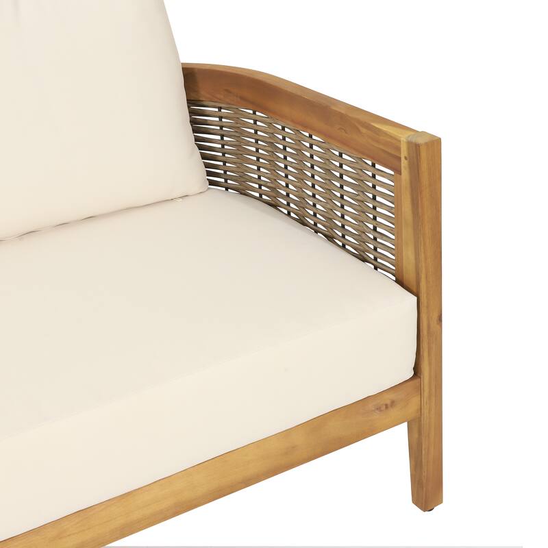 Burchett Acacia Wood and Round Wicker Outdoor 5 Seater Sectional Sofa Set with Cushions by Christopher Knight Home