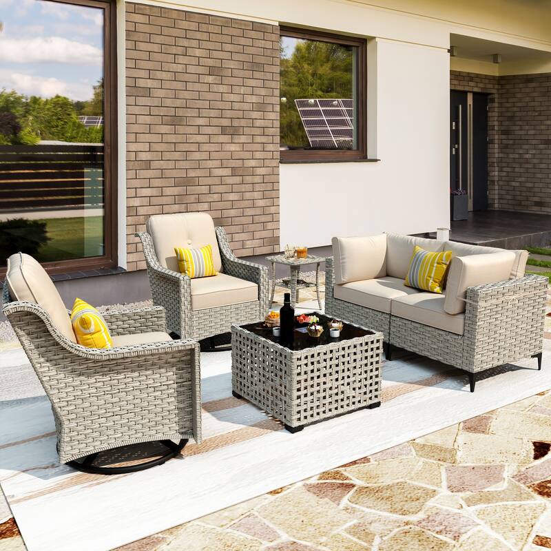 OVIOS 6 Pieces Outdoor Wicker Swivel Chair Set With Solar-Powered Coffee Table - Beige