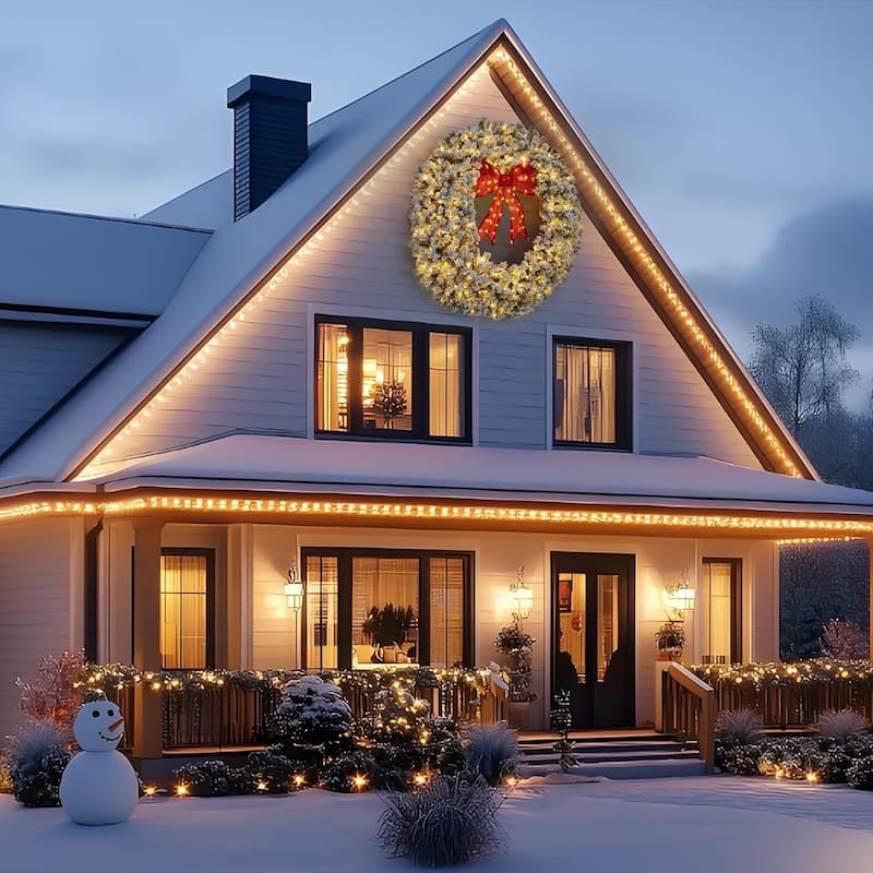 48/60 inch Pre-Lit Christmas Wreath with Bow for Indoor Outdoor Holiday Party