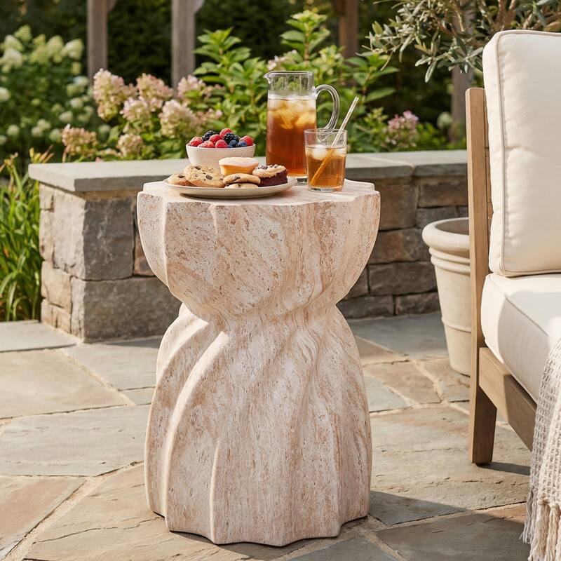 Christopher Knight Home Lysandros 19.29"H Modern Outdoor Concrete Side Table with Sculptural Fluted Design - Beige Marble Look