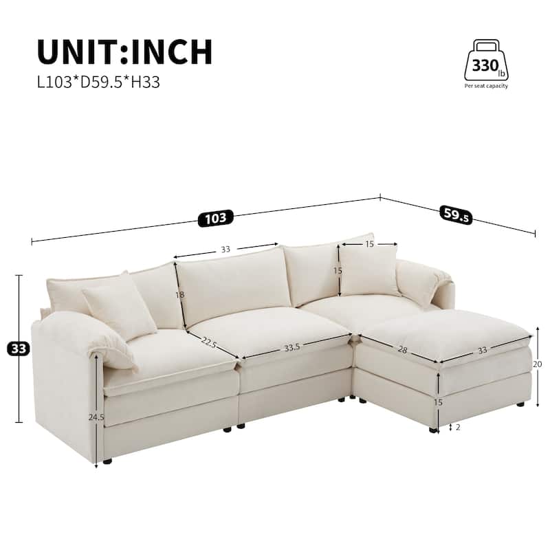 Chenille Modular Sectional Sofa, L Shaped Upholstered Cloud Couch Set, Oversized 4 Seat Sofa with Movable Ottoman - White
