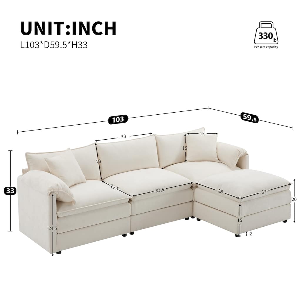 Chenille Modular Sectional Sofa, L Shaped Upholstered Cloud Couch Set, Oversized 4 Seat Sofa with Movable Ottoman