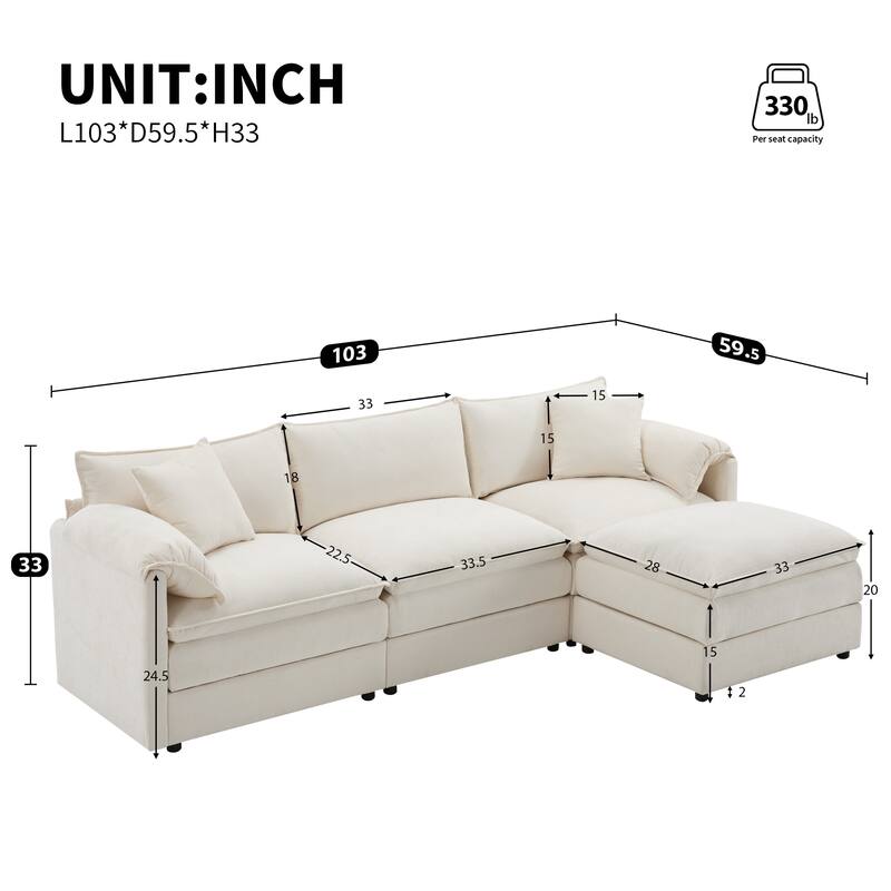 Roomfitters 103" Chenille Sectional Sofa, L Shaped Cloud Couch with Deep Wide Seat, 4 Seat Sofa with Ottoman