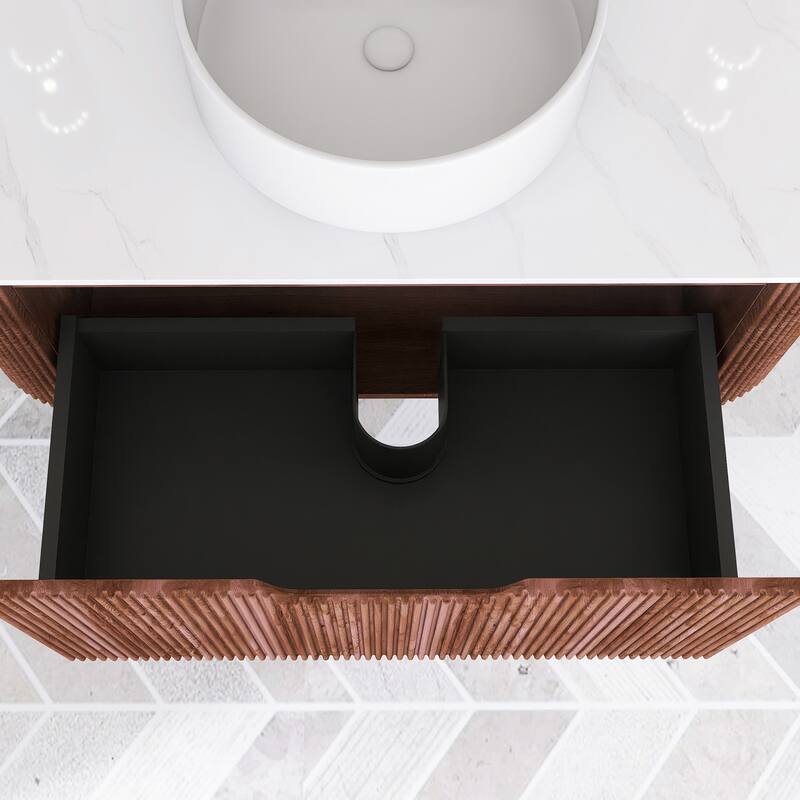 Plywood Wall-Mounted Bathroom Vanity Set with Integrated Ceramic Sink in Natural Wood