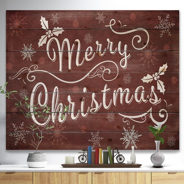 slide 2 of 6, Designart 'Merry Christmas Season Greetings on Red' Print on Natural Pine Wood - Red