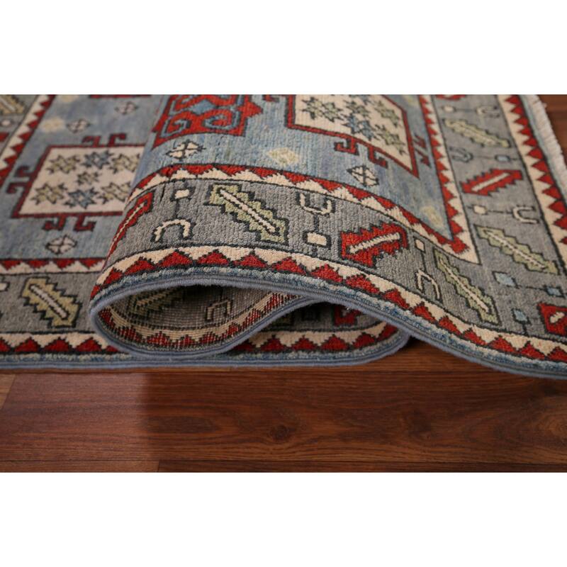 Blue Geometric Kazak Oriental Accent Rug Hand-Knotted Wool Carpet - 3'7" x 5'0"