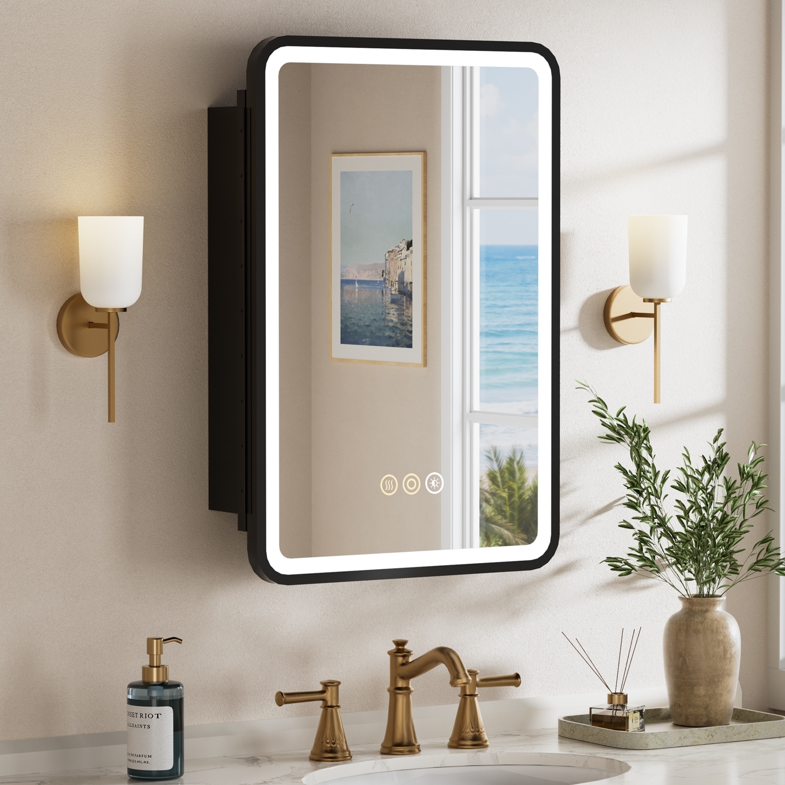 Milo LED Iron Medicine Cabinet with Mirror, Dimmable, Anti-fog, Adjustable Glass Shelves, Recessed or Surface Mount