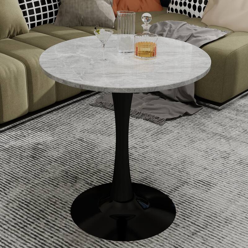 27.6" Mid-Century Modern Style Dining Table, Accommodates 2-4 People, Featuring A Round Light Gray Textured Marble Tabletop