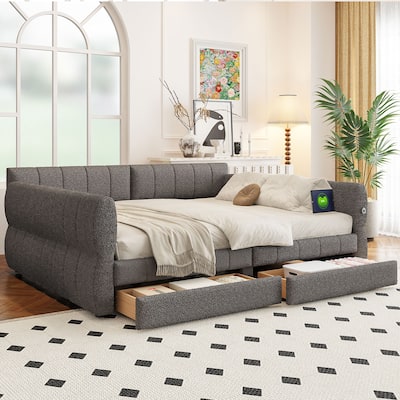 Queen Size Upholstered Platform Bed with USB and 2 Storage Drawers, Low Profile Bed Frame with Wood Slatted Support