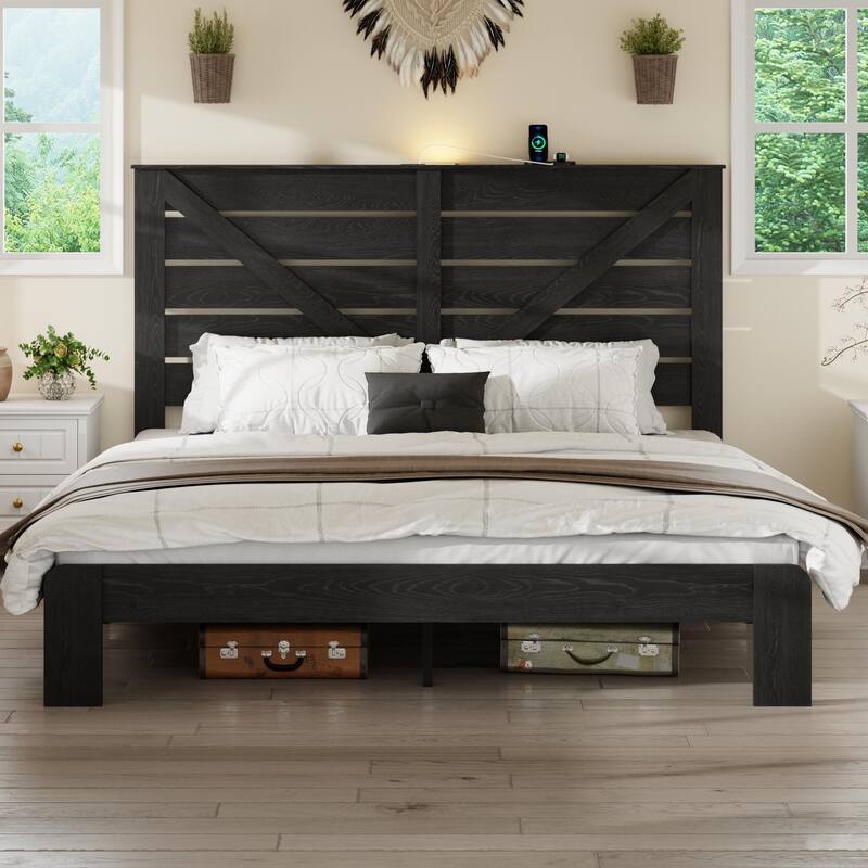 King Size Wood Platform Bed Frame with Headboard, Noise-Free, Easy Assembly, Large Under Bed Storage, Black