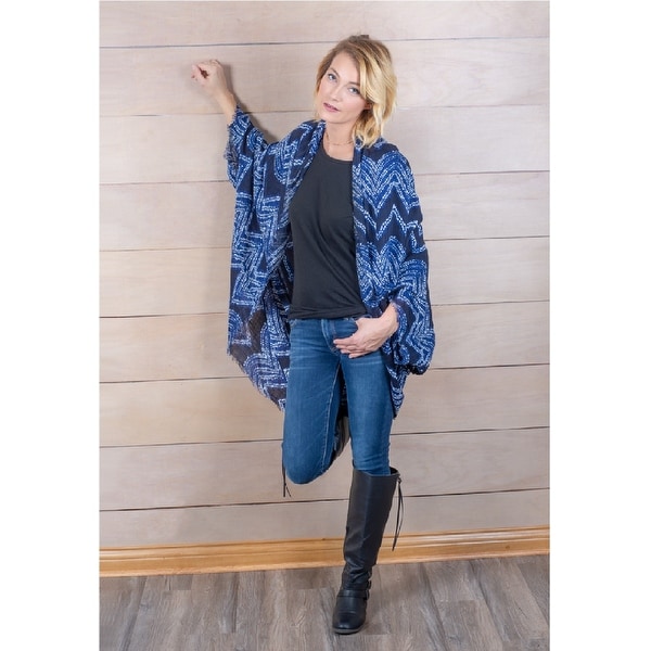 35” Sheer Chevron Blue Knee Length Cocoon Wrap Shawl with Billow Sleeves - One Size