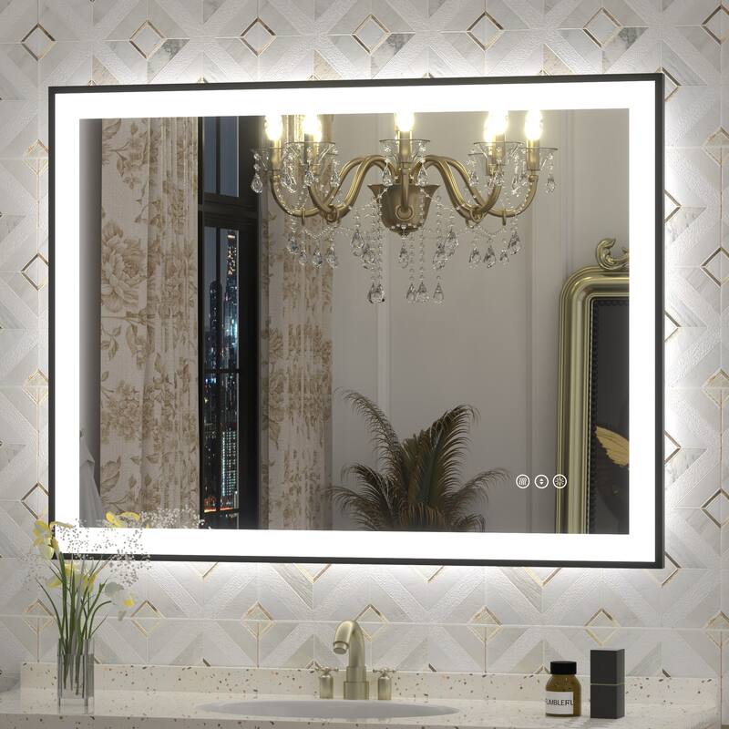 Front & Back LED Anti-Fog Tempered Glass Framed Bathroom/Vanity Mirror 3-Year Warranty - 40" x 30"-Square Corner - Black